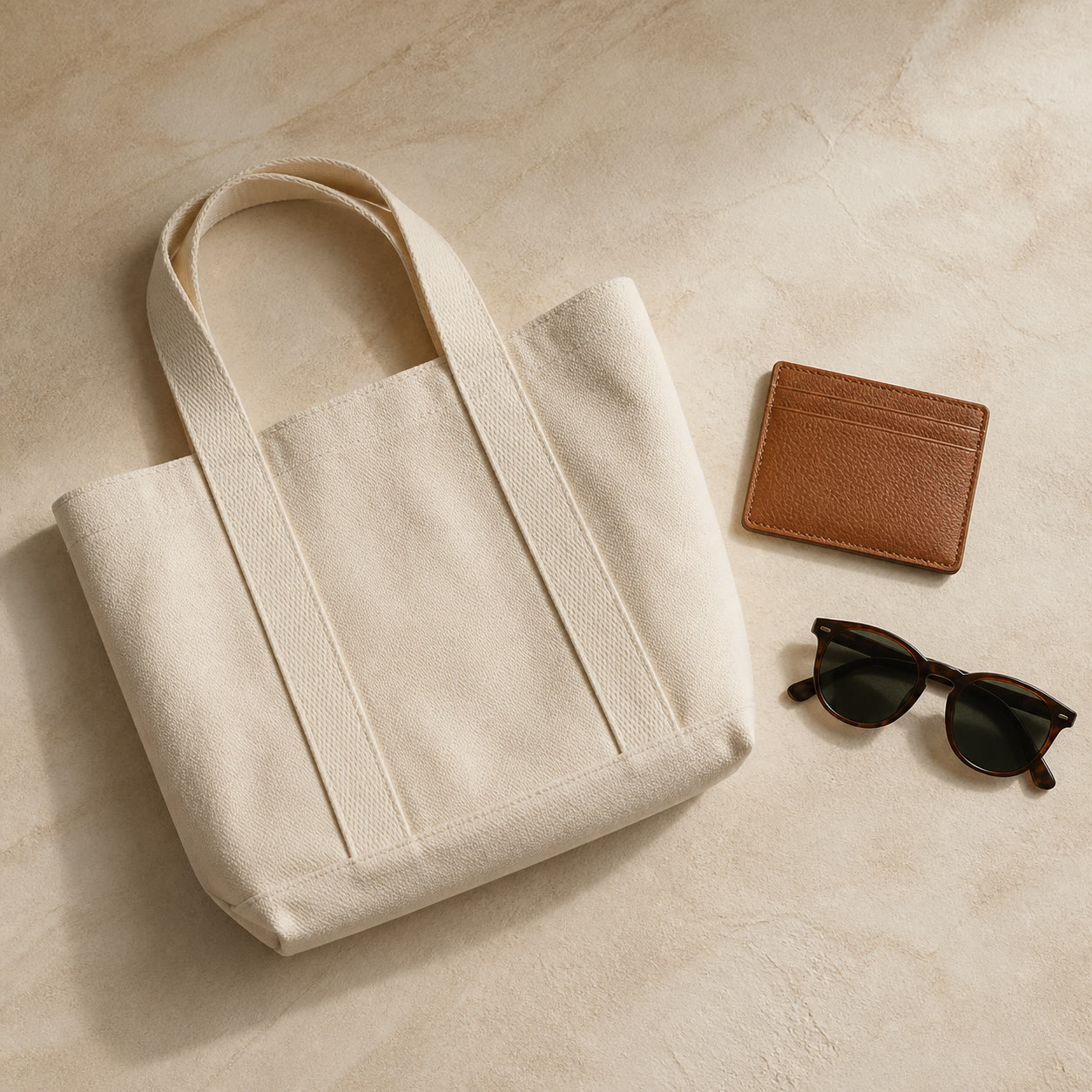 On-the-go essentials — canvas tote bag, card wallet and sunglasses