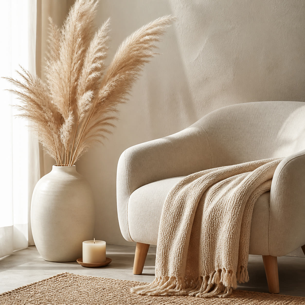 Home and living essentials — throw blanket, vase and candle