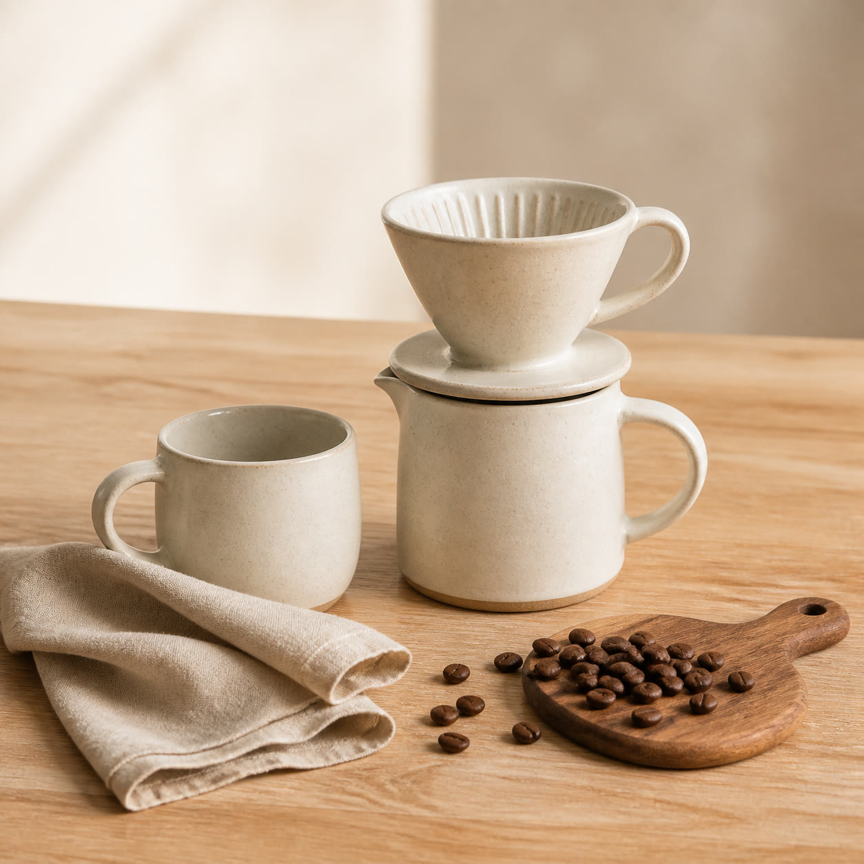 Kitchen and dining essentials — pour-over coffee set and linen napkin