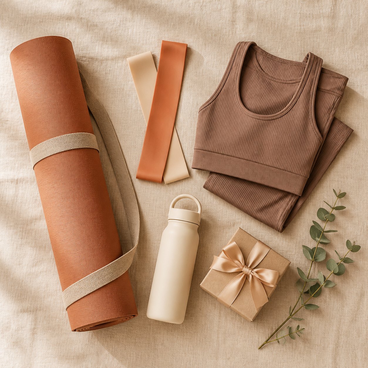 Sport and Stretch gift set — exercise mat, resistance stretch bands, workout top, reusable bottle and a ribbon-tied gift box