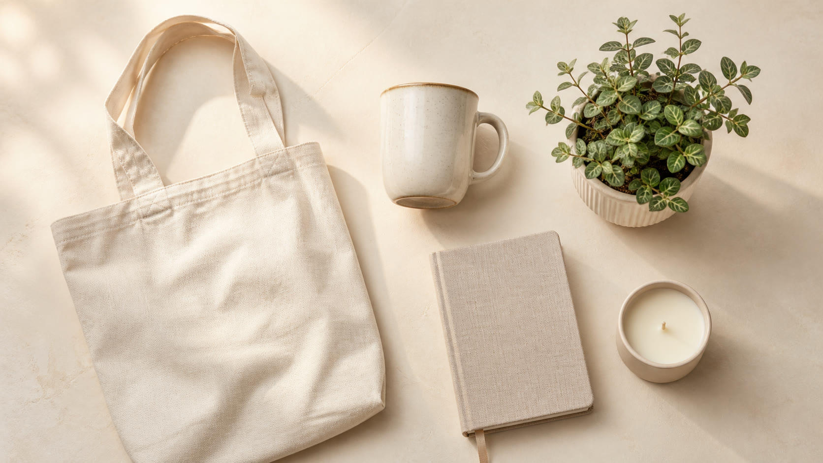 GoodStore everyday essentials — mug, tote bag, notebook, candle and a small plant